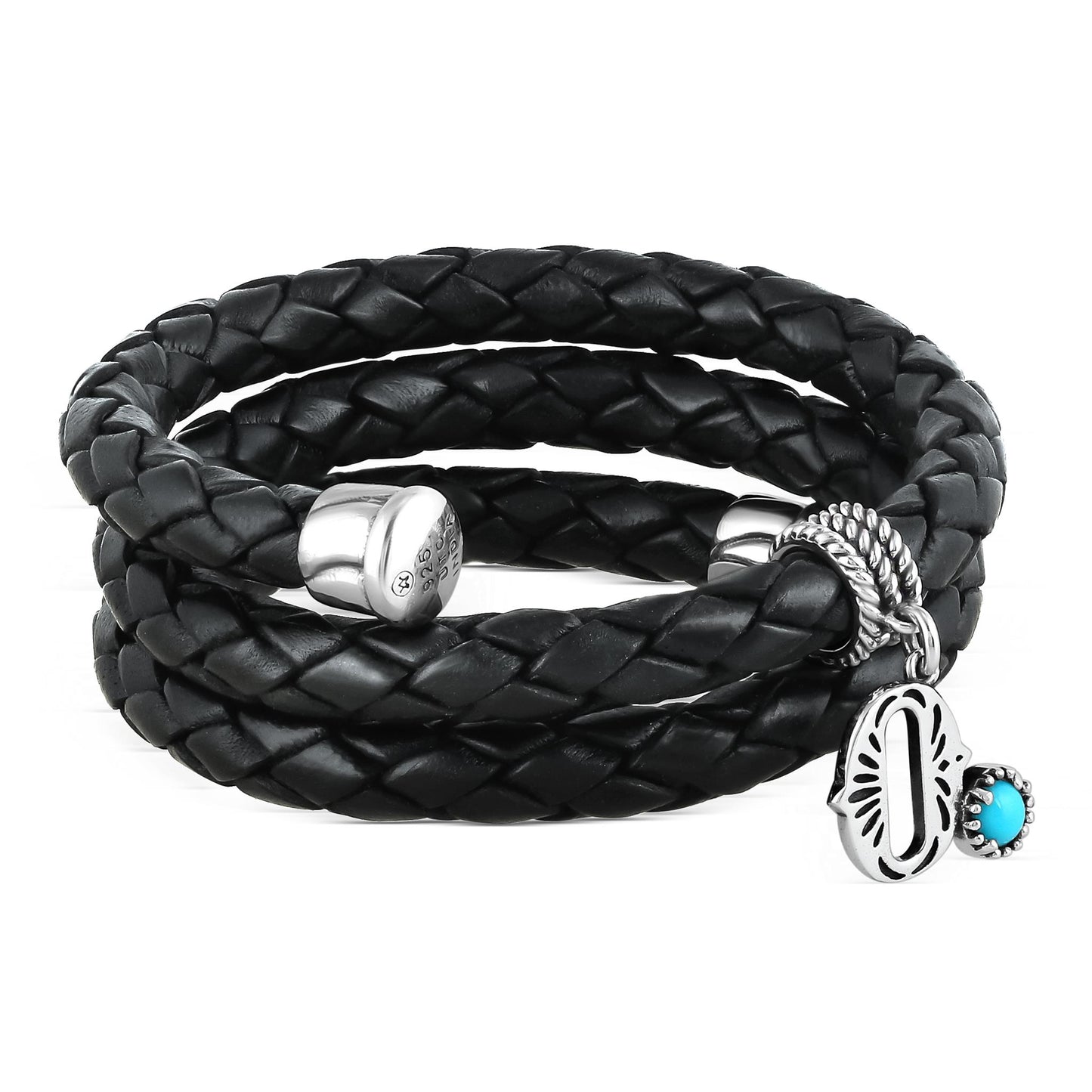Sterling Silver Sleeping Beauty Turquoise Black Leather Initial "O" Coil Bracelet, 16 Inches