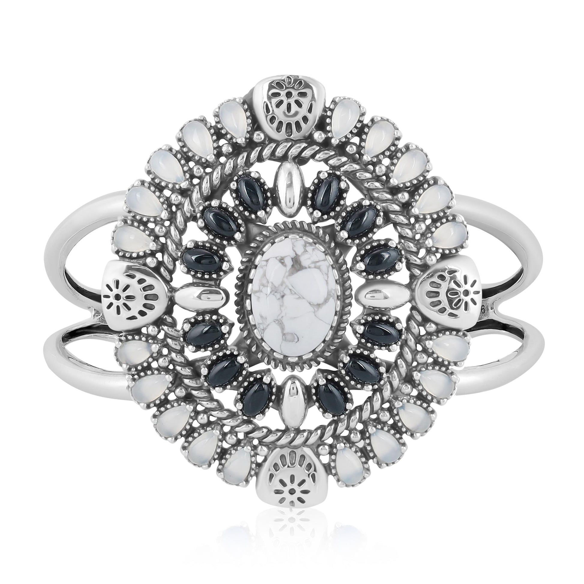 Sterling Silver White Howlite, Black Agate and White Agate Floral Cluster Cuff Bracelet