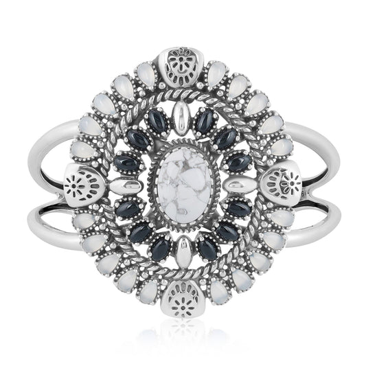 Sterling Silver White Howlite, Black Agate and White Agate Floral Cluster Cuff Bracelet