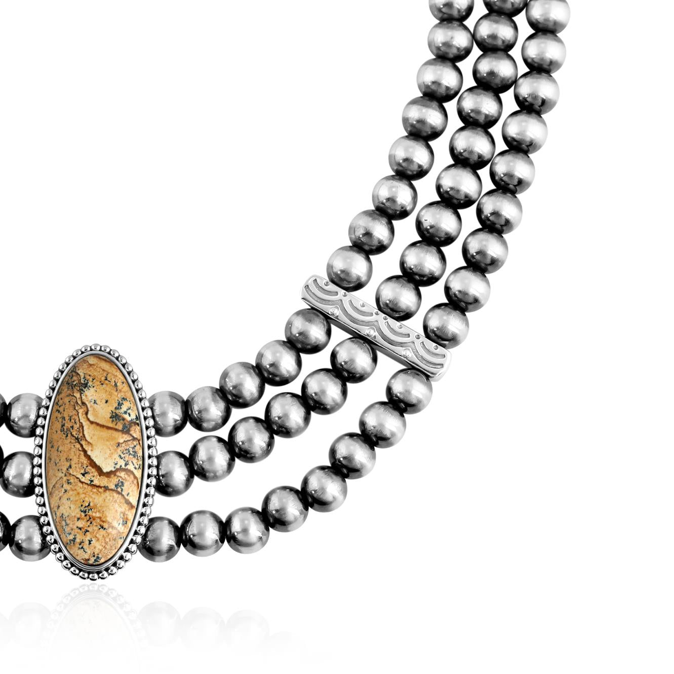 Sterling Silver Picture Jasper Oval Cut Triple-Row Beaded Necklace