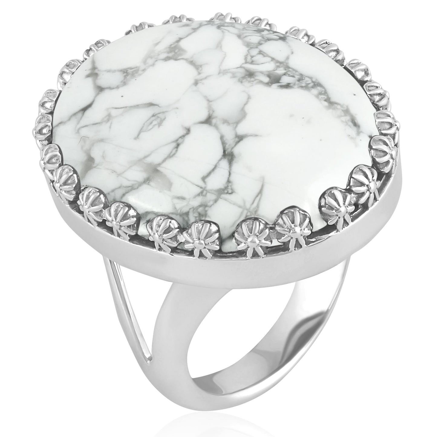 Sterling Silver White Howlite Concha Flower Border Oval Cut Ring