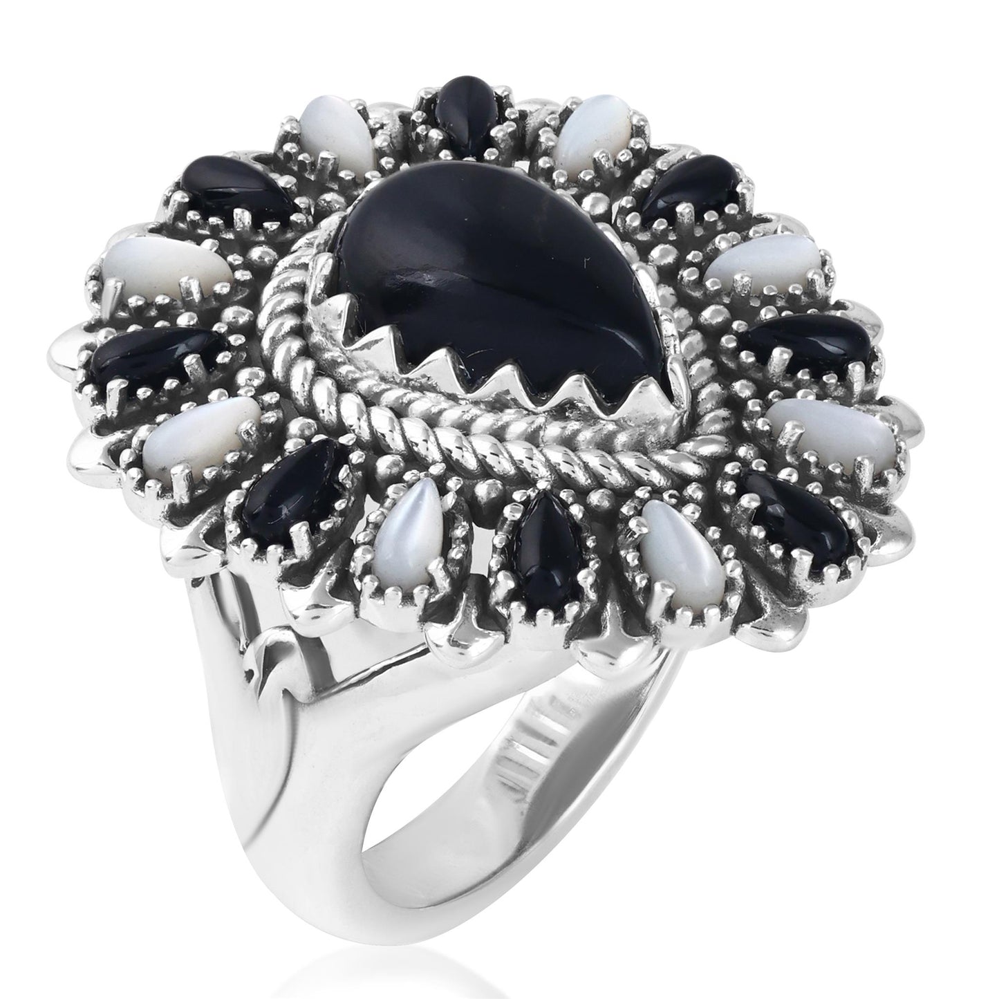 LIMITED EDITION! Sterling Silver Black Onyx and White Mother of Pearl Pear-Shaped Cluster Ring