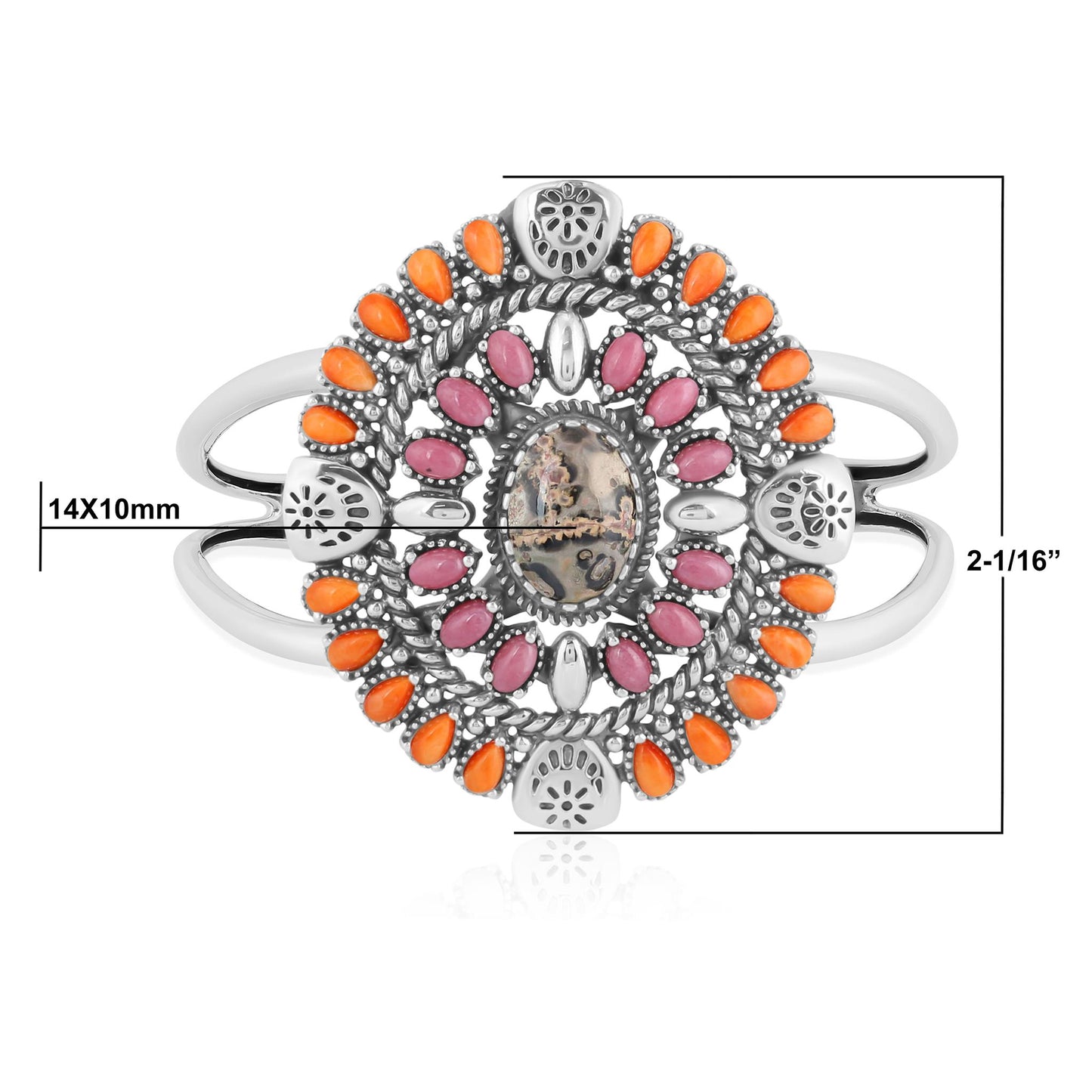 Sterling Silver Leopard Jasper, Orange Spiny Oyster and Rhodonite Oval Floral Cluster Cuff Bracelet