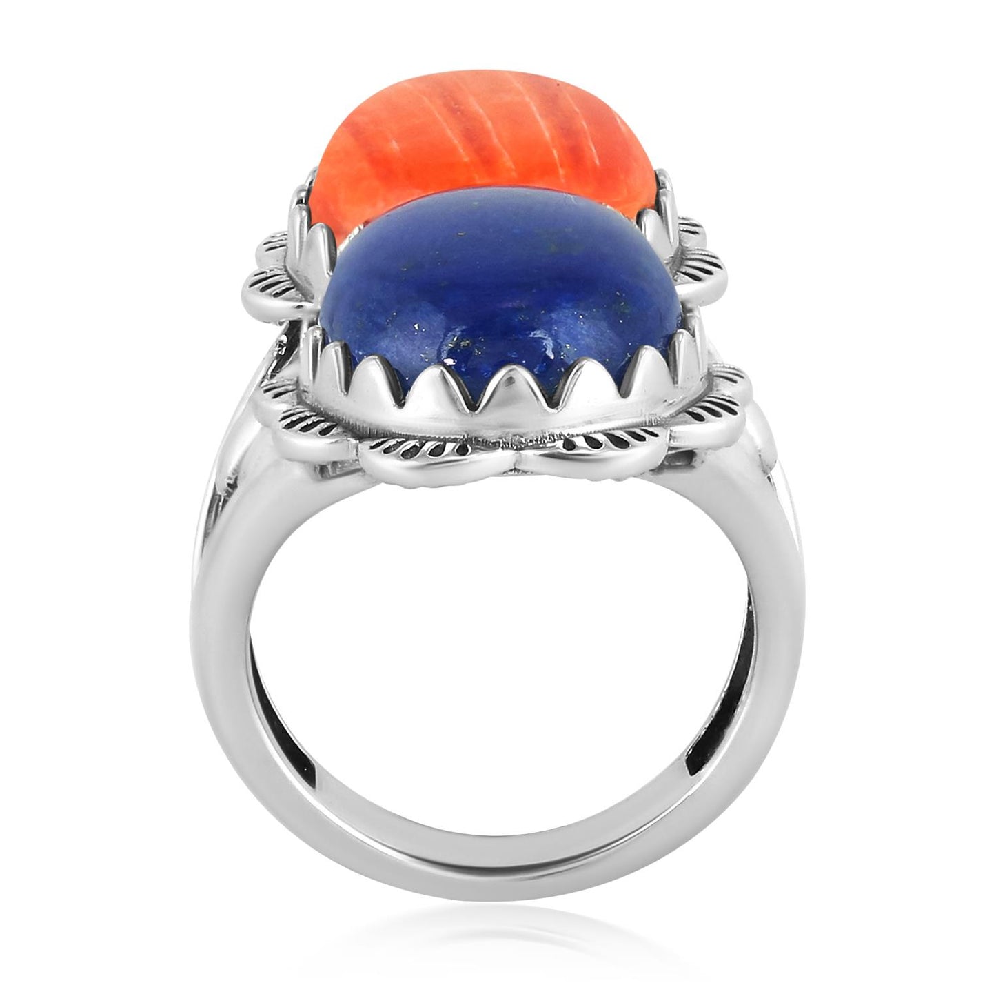 Sterling Silver Oval Lapis and Orange Spiny Oyster Scalloped Ring