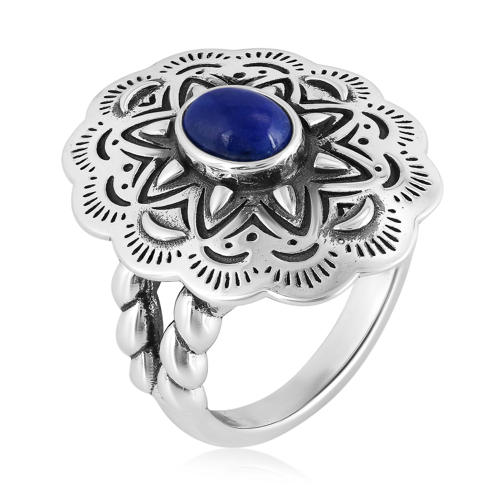 Sterling Silver Lapis Oval Gemstone Concha Ring