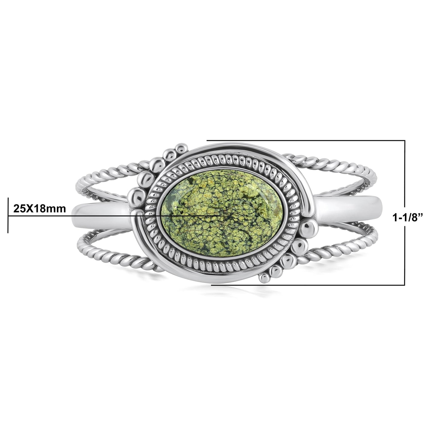 Sterling Silver Spiderweb Serpentine Bold Oval Gemstone Rope Cuff Bracelet