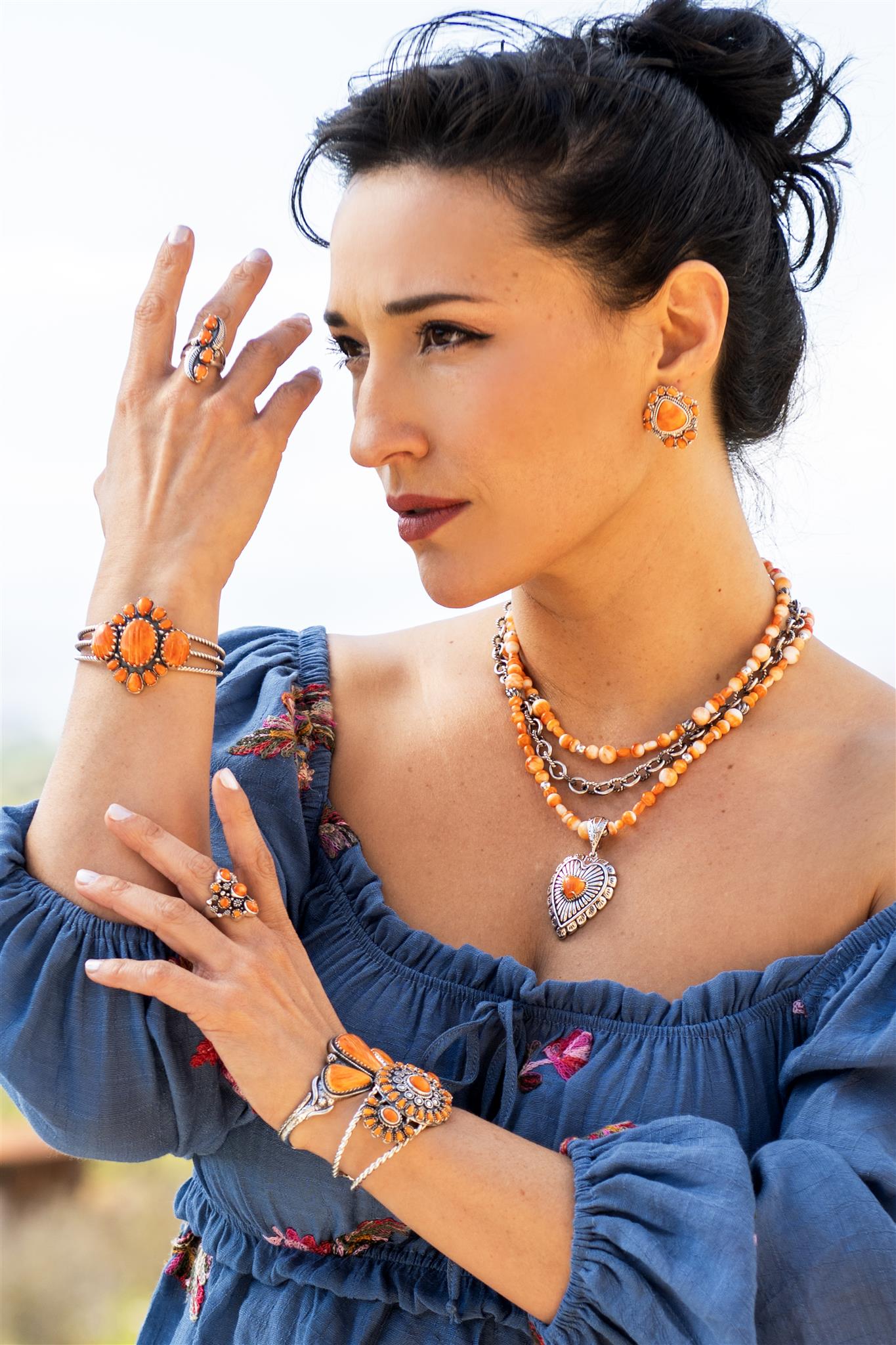 LIMITED EDITION! Sterling Silver Orange Spiny Oyster Bold Pear and Oval Cut Cuff Bracelet, Sizes Small to Large