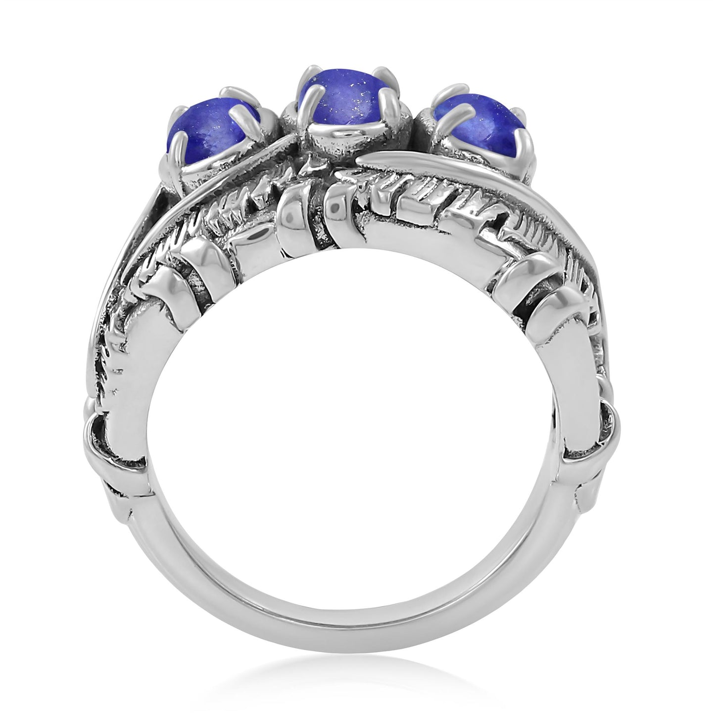 Sterling Silver Lapis Three Stone Feather Ring