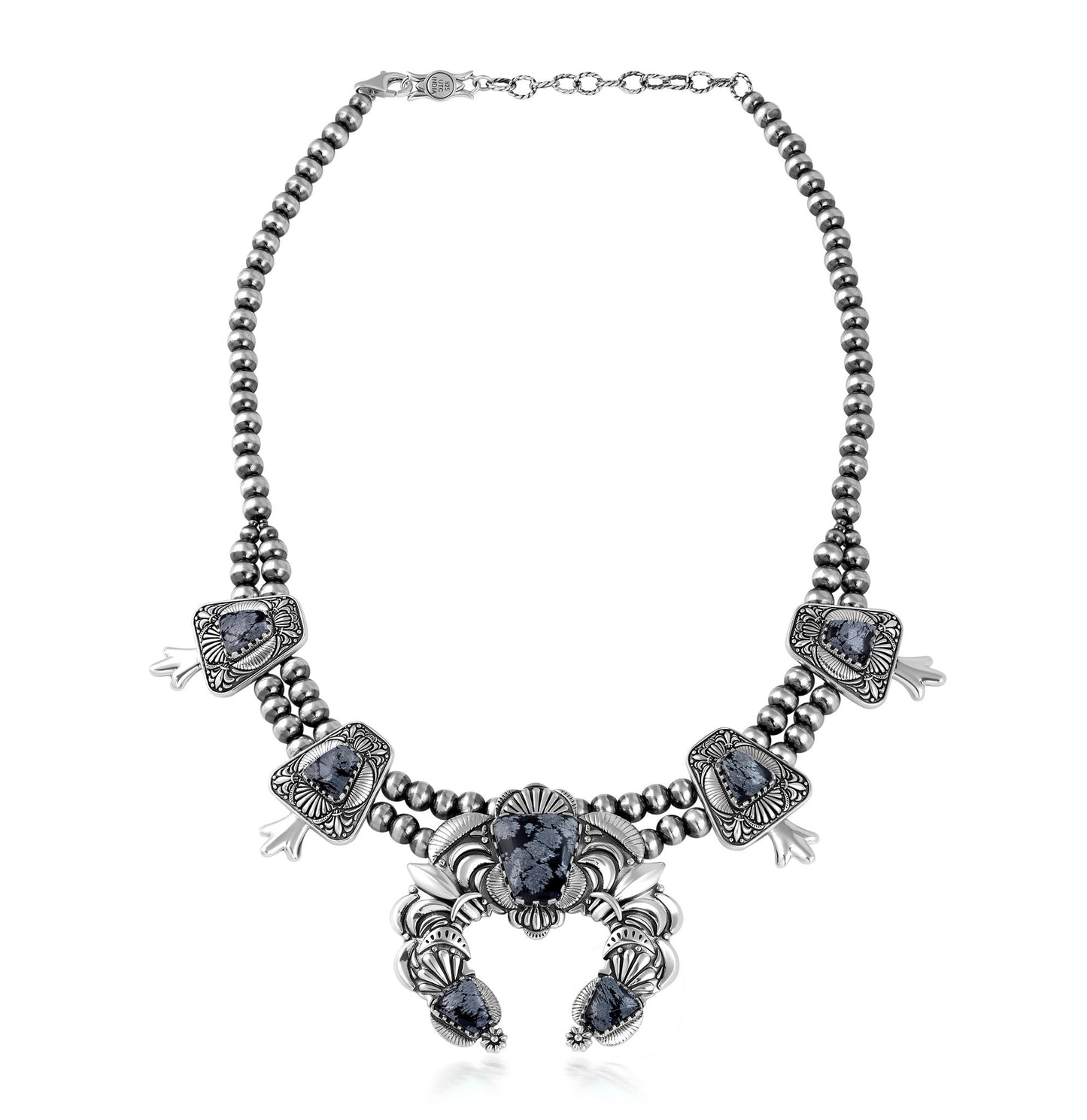 LIMITED EDITION! Sterling Silver Snowflake Obsidian Trapezoid Squash Blossom Necklace