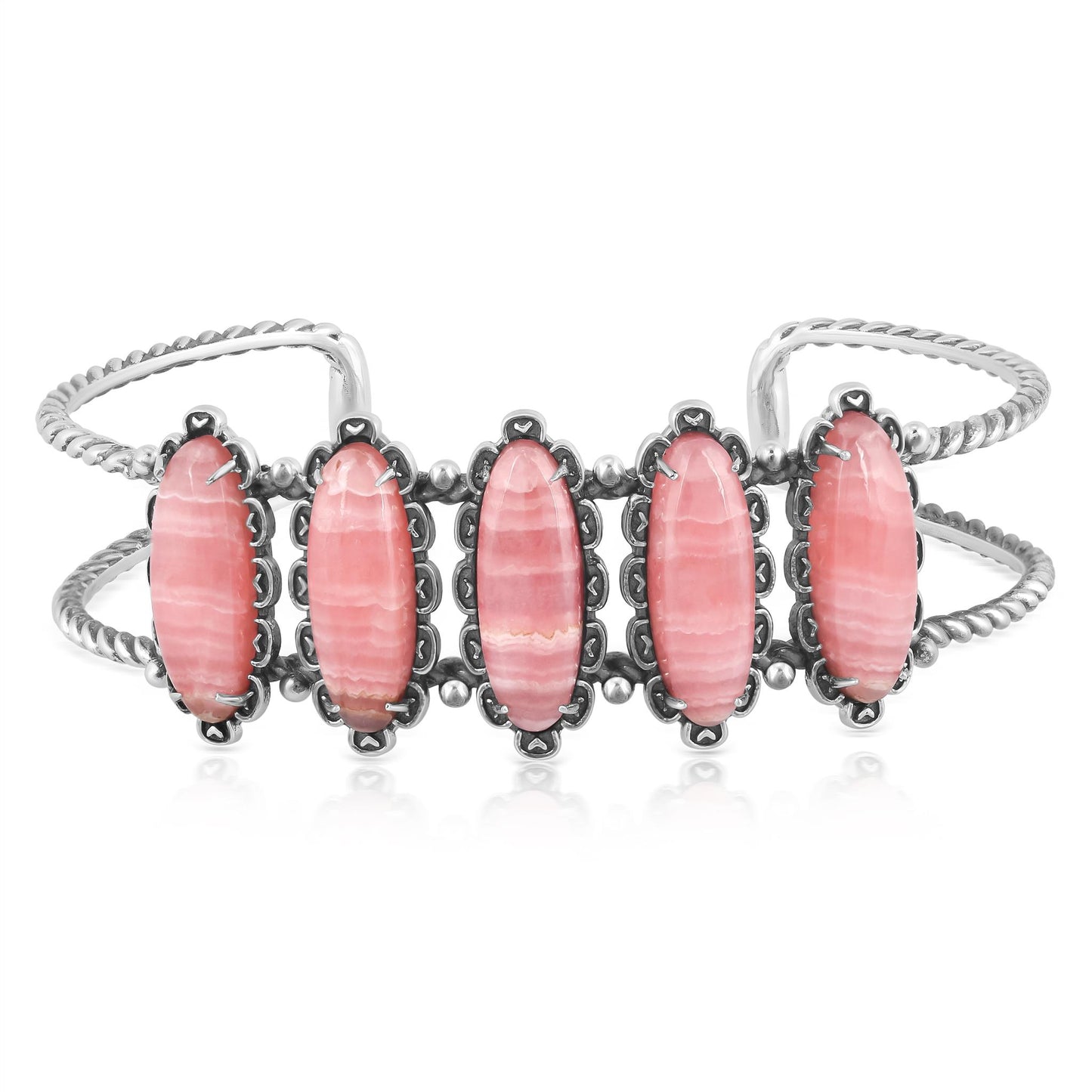 Sterling Silver Rhodochrosite 5-Stone Oval Cuff Bracelet, Sizes Medium to Large