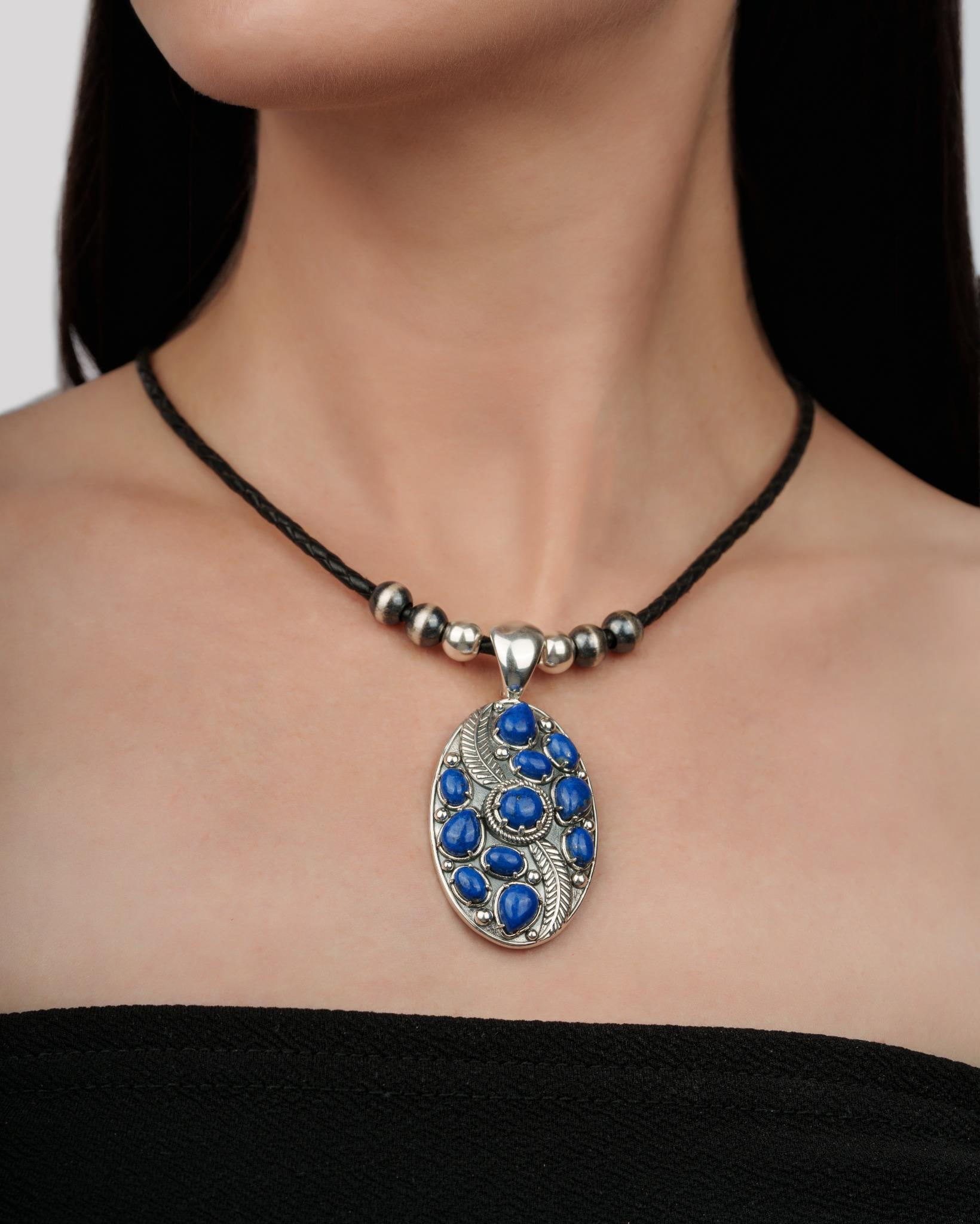 Sterling Silver Denim Lapis Oval Leaf Pendant Enhancer