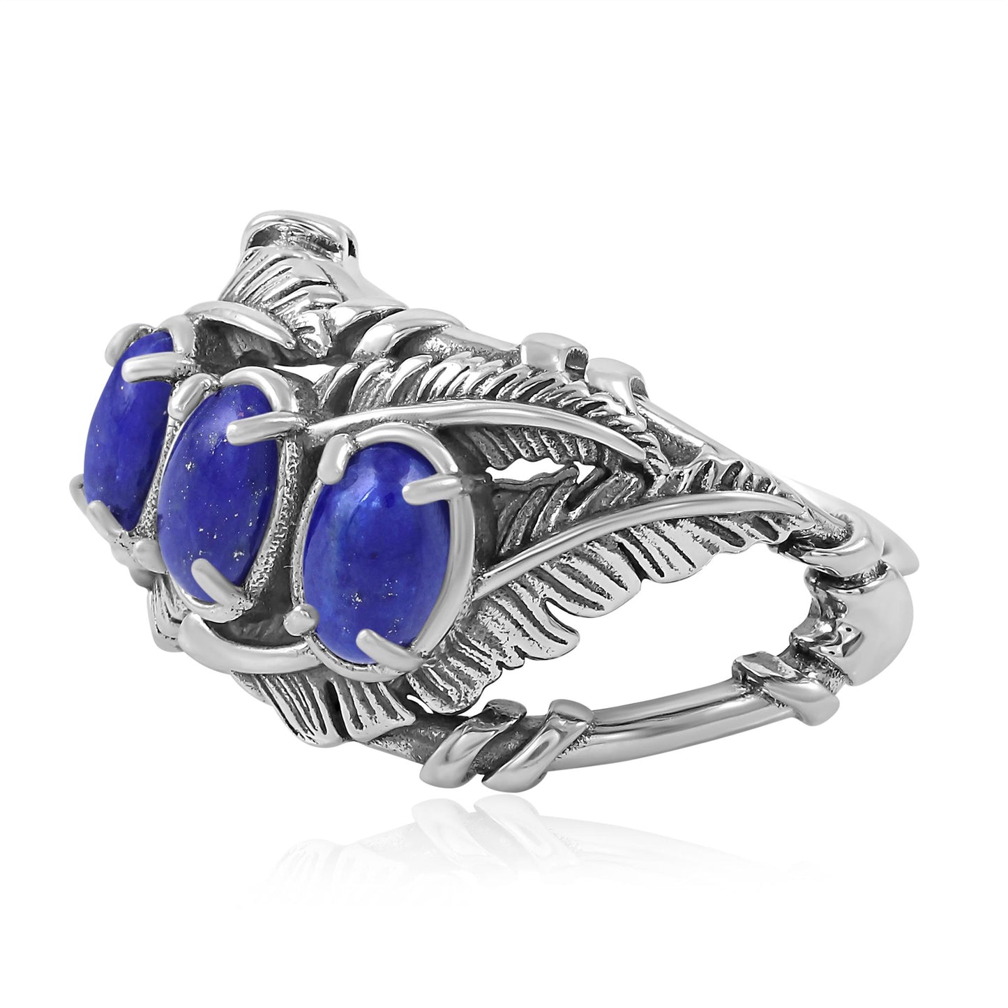Sterling Silver Lapis Three Stone Feather Ring
