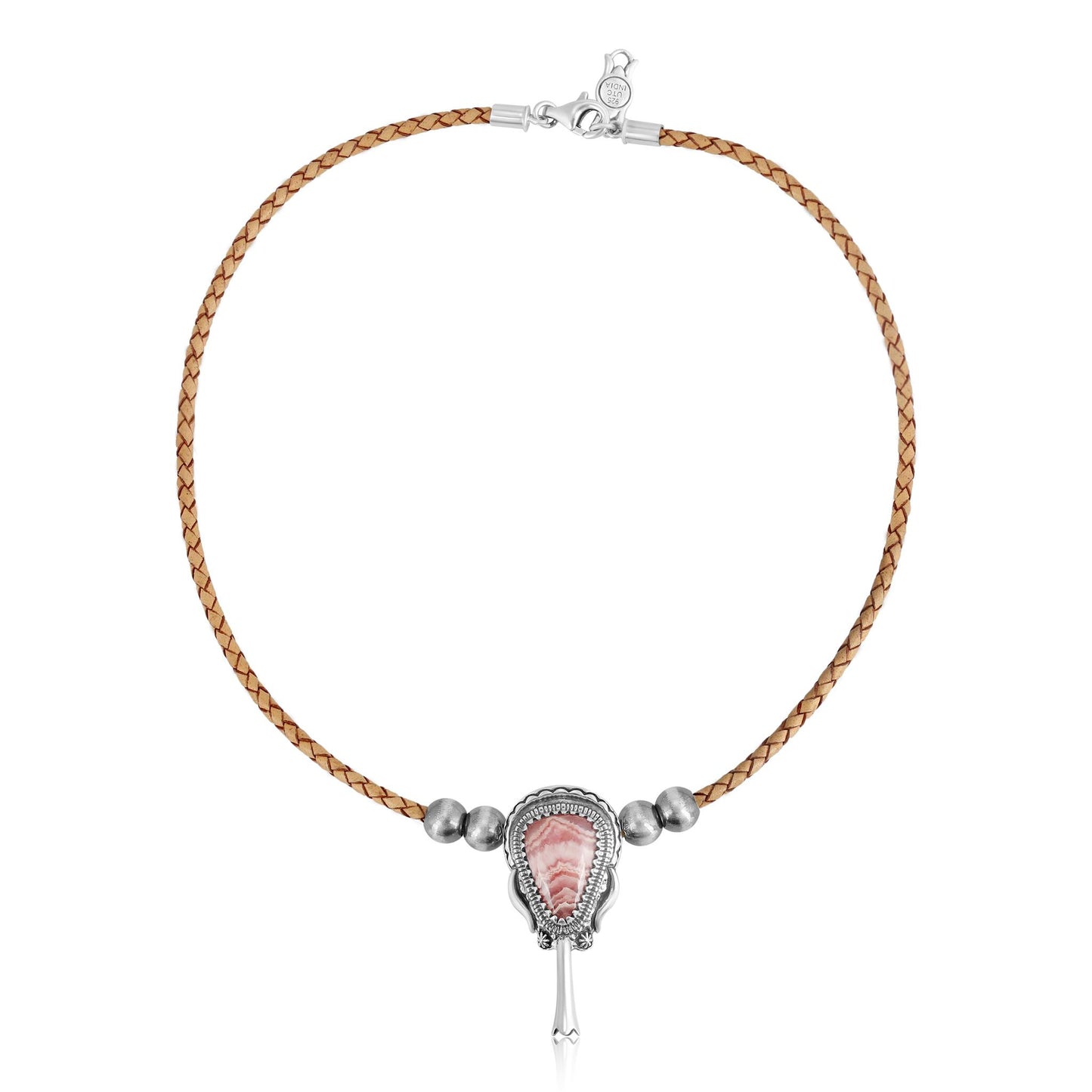 Sterling Silver Rhodochrosite Natural Leather Squash Blossom Necklace