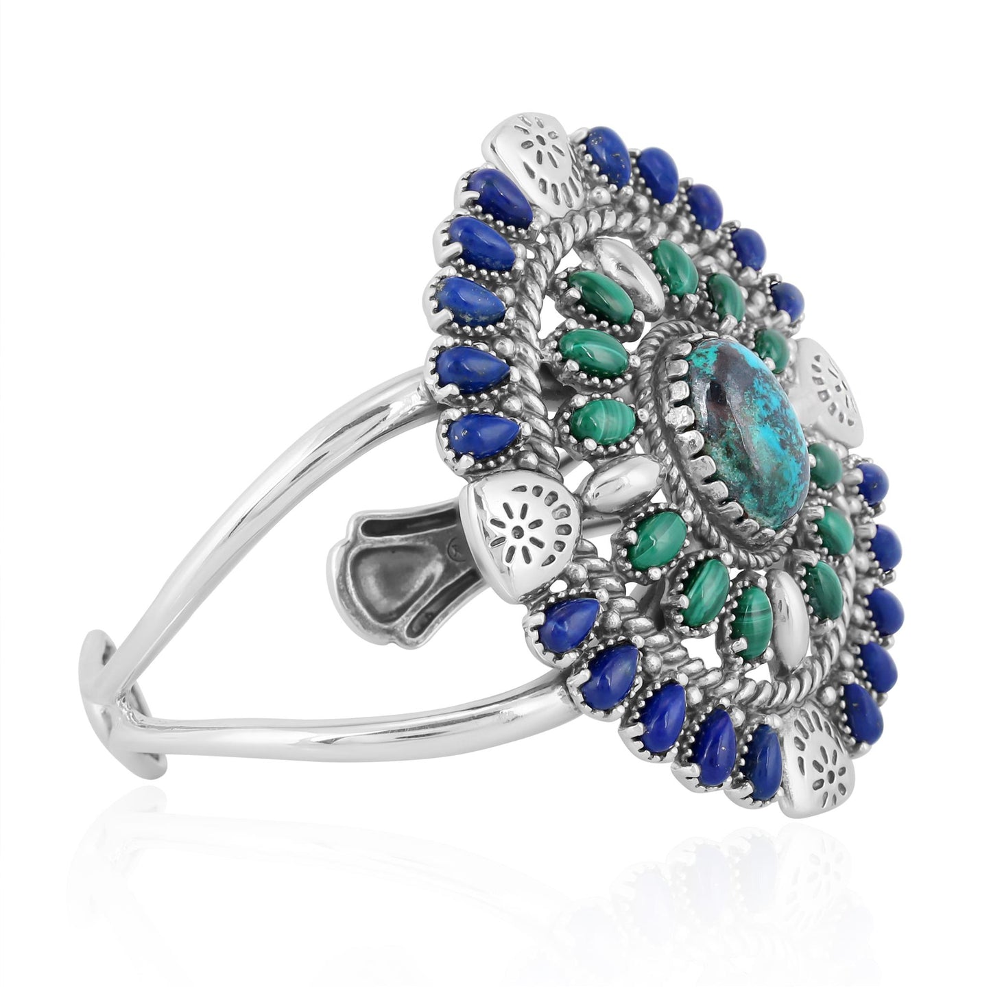 Sterling Silver Chrysocolla Lapis and Malachite Oval Floral Cluster Cuff Bracelet