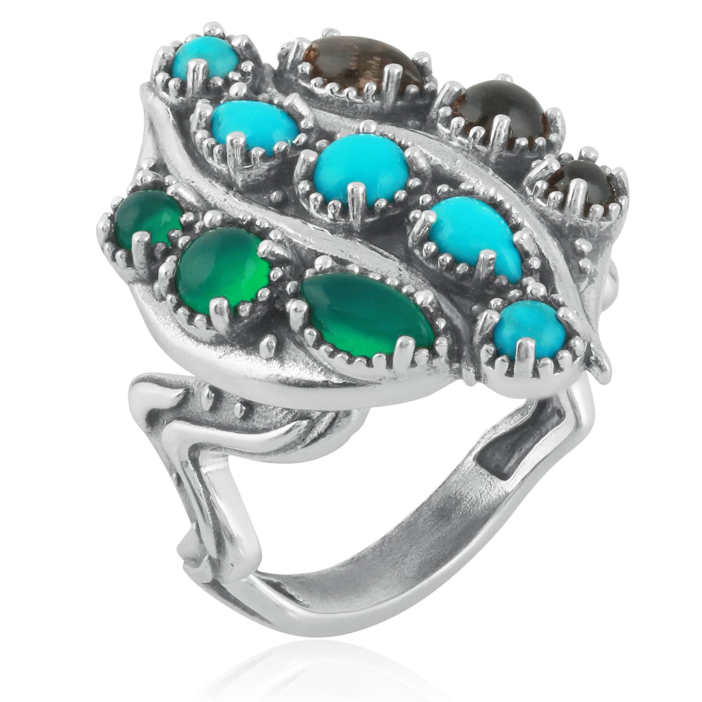 Sterling Silver Sleeping Beauty Turquoise, Green Onyx and Smoky Quartz Rio Grande Ring
