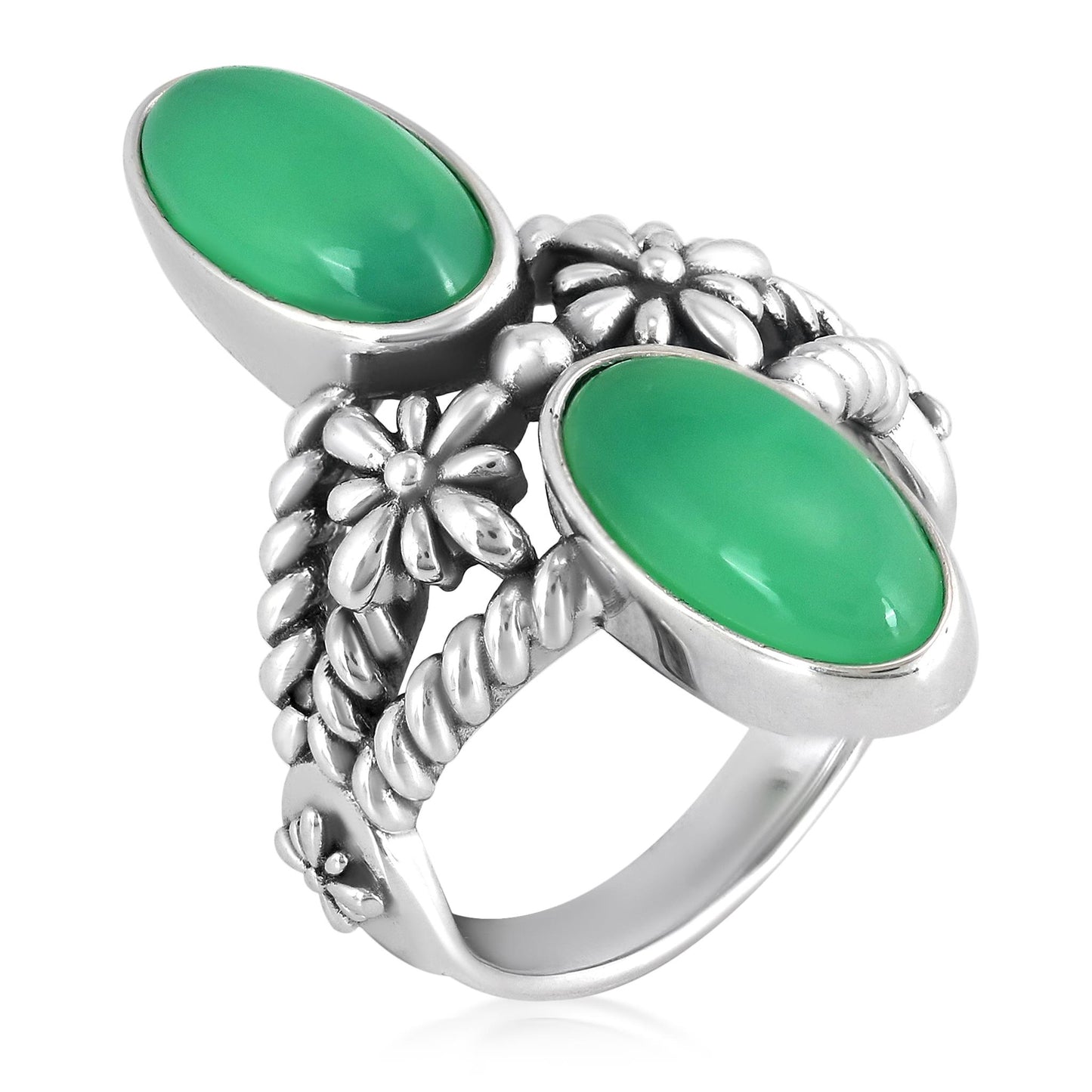 Sterling Silver Chrysoprase North - South Oval Concha Flower Ring