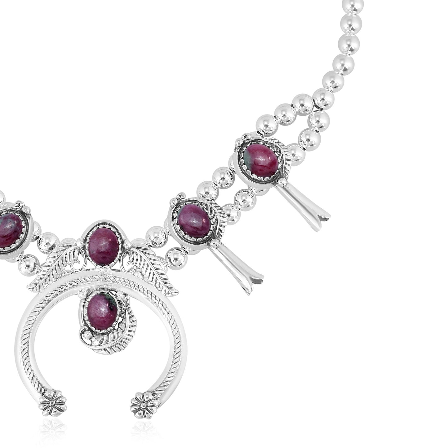 Sterling Silver Ruby Zoisite Oval Squash Blossom Necklace