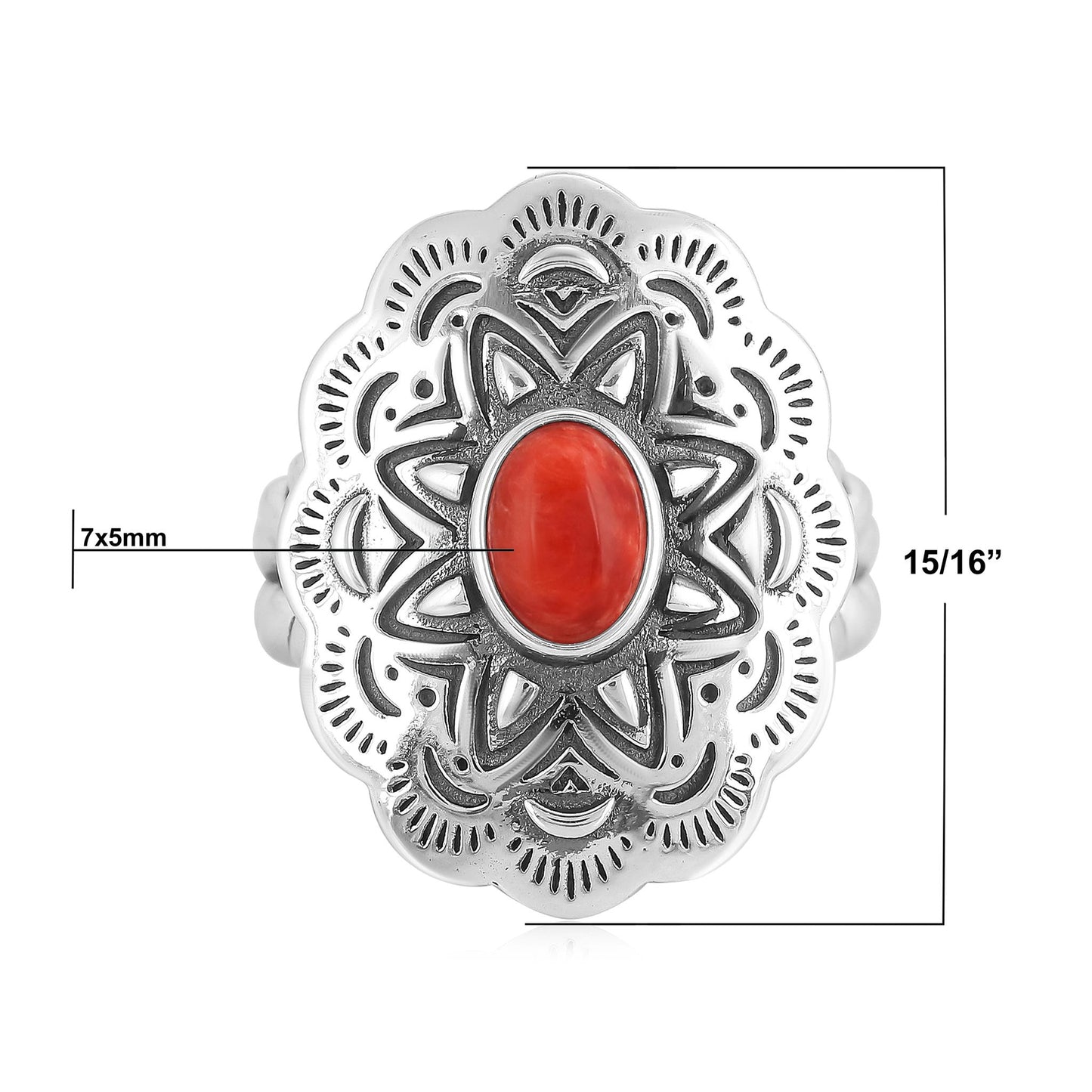 Sterling Silver Red Spiny Oyster Oval Gemstone Concha Ring