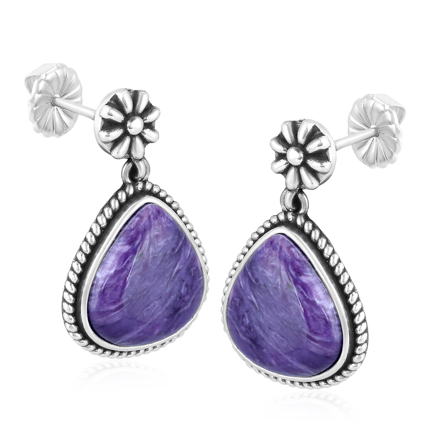 Sterling Silver Charoite Trillion Cut Post Earrings