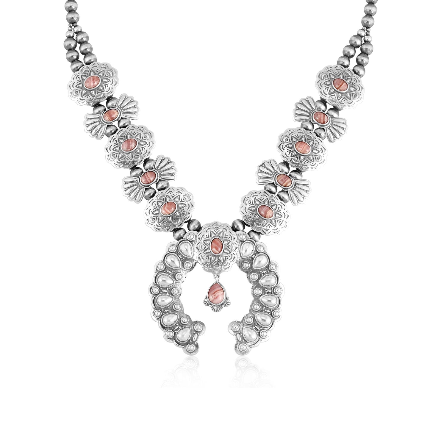 Sterling Silver Rhodochrosite Concha Butterfly Squash Blossom Necklace