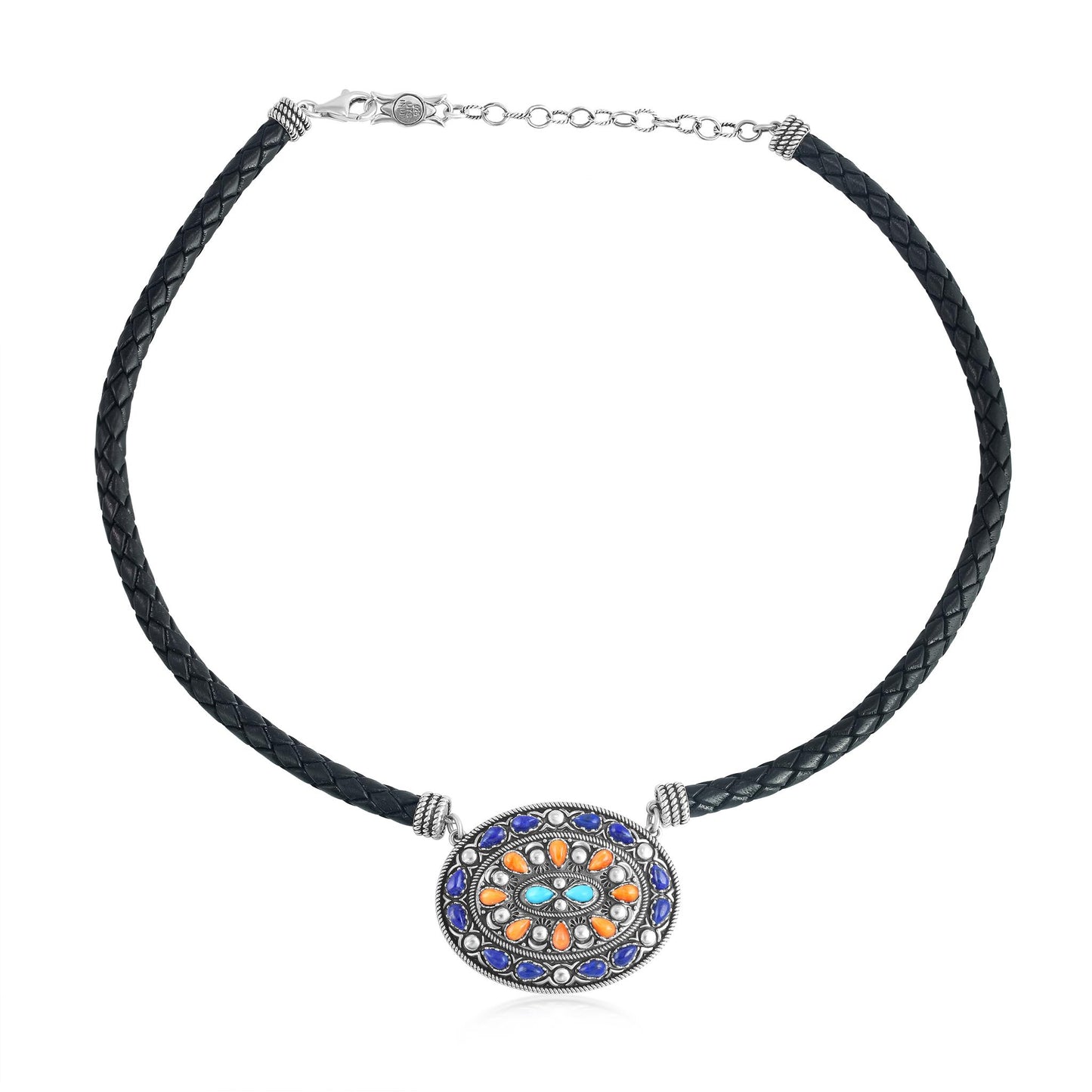 Sterling Silver Multi-Gemstone Oval Pendant Black Leather Necklace