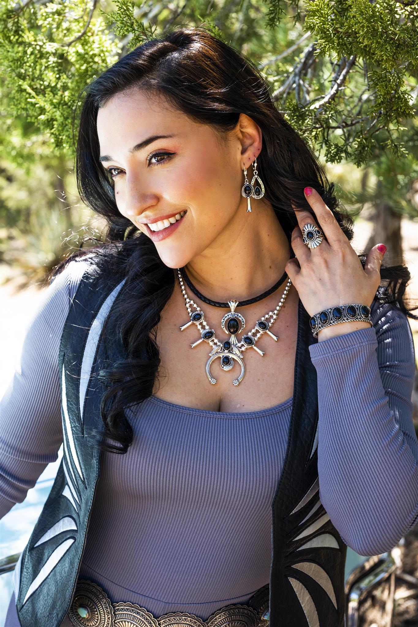 EXCLUSIVELY OURS! Sterling Silver Black Agate Gemstone Fritz Casuse Squash Blossom and Naja Crescent Moon Women's Pendant Enhancer