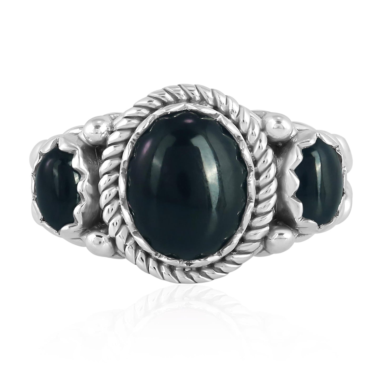 Sterling Silver Black Agate 3-Stone Ring, Sizes 5 to 11