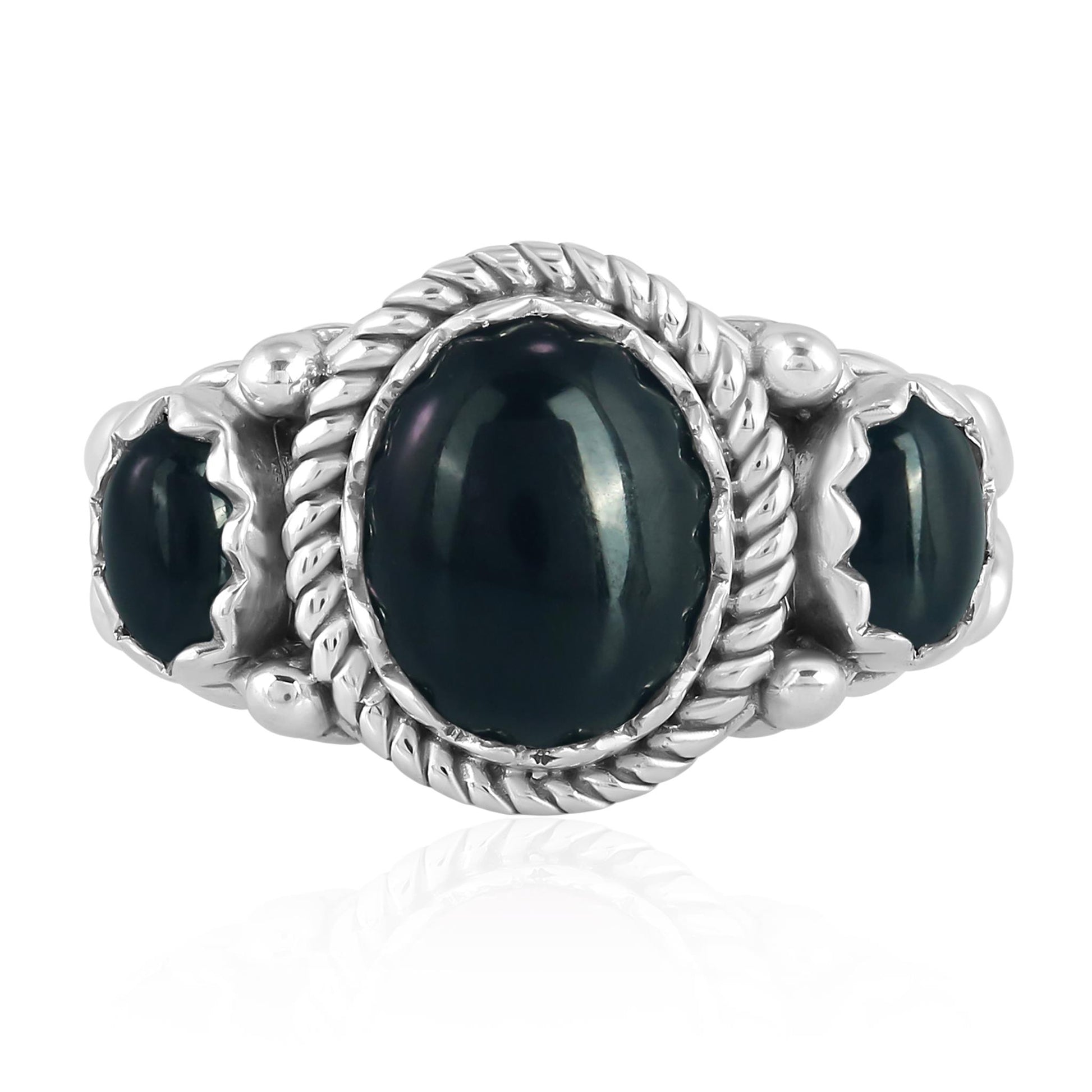 Sterling Silver Black Agate 3-Stone Ring, Sizes 5 to 11