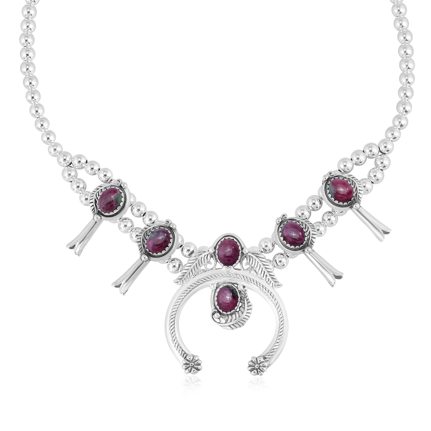 Sterling Silver Ruby Zoisite Oval Squash Blossom Necklace