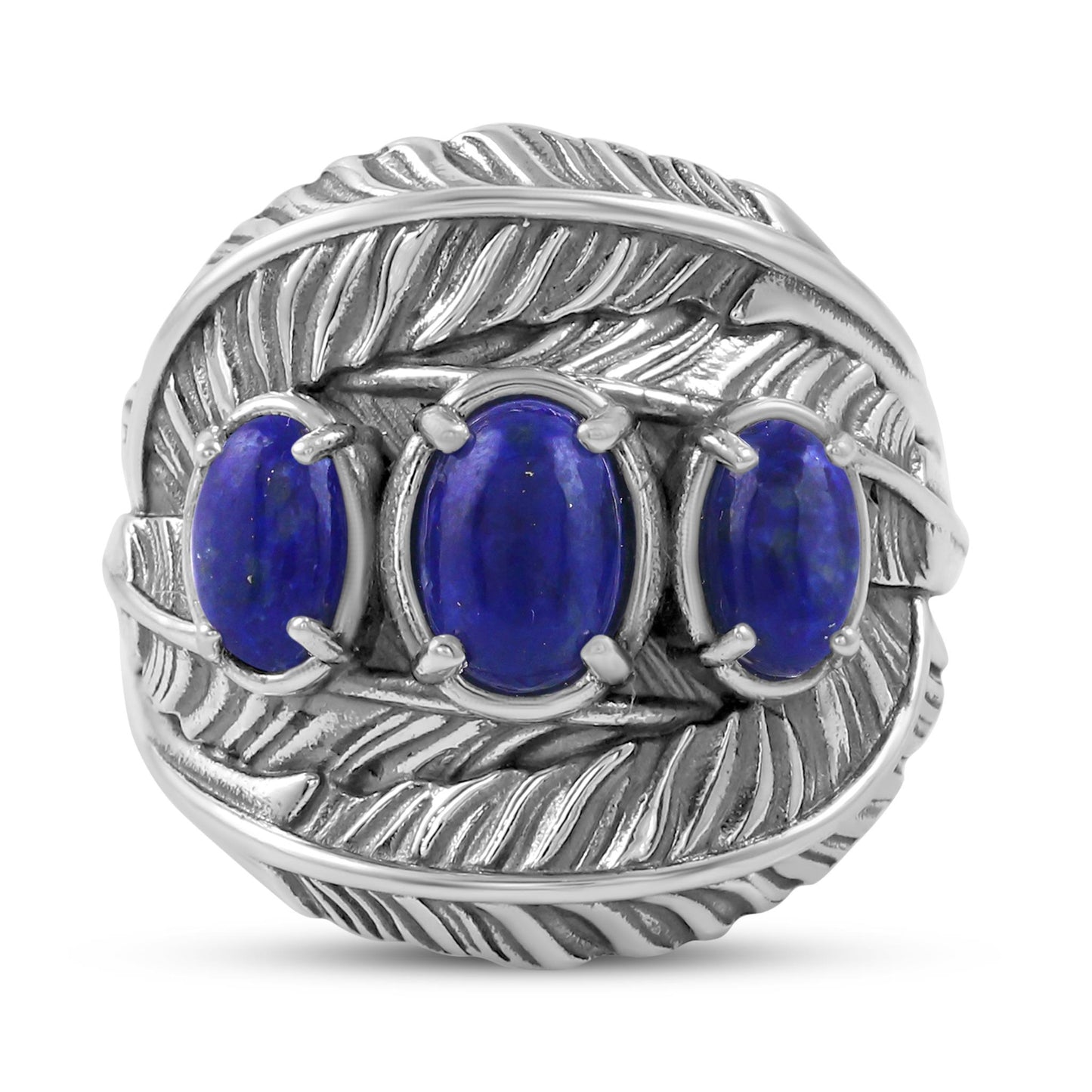 Sterling Silver Lapis Three-Stone Oval Cut Feather Ring