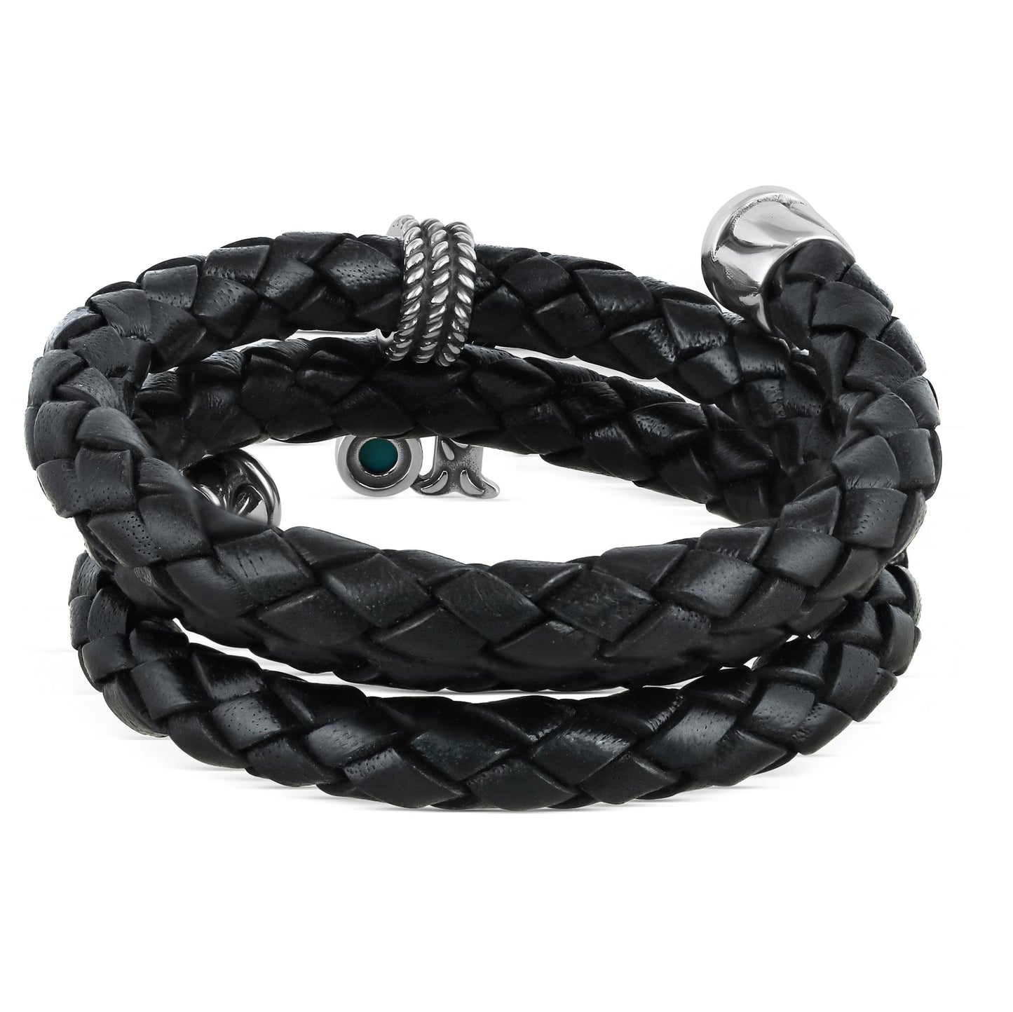 Sterling Silver Sleeping Beauty Turquoise Black Leather Initial "P" Coil Bracelet, 16 Inches