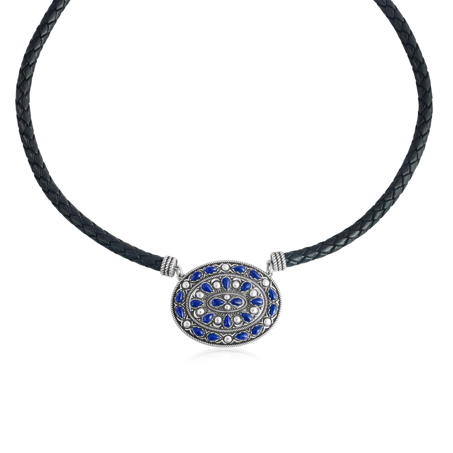 Sterling Silver Lapis Oval Pendant Black Leather Necklace