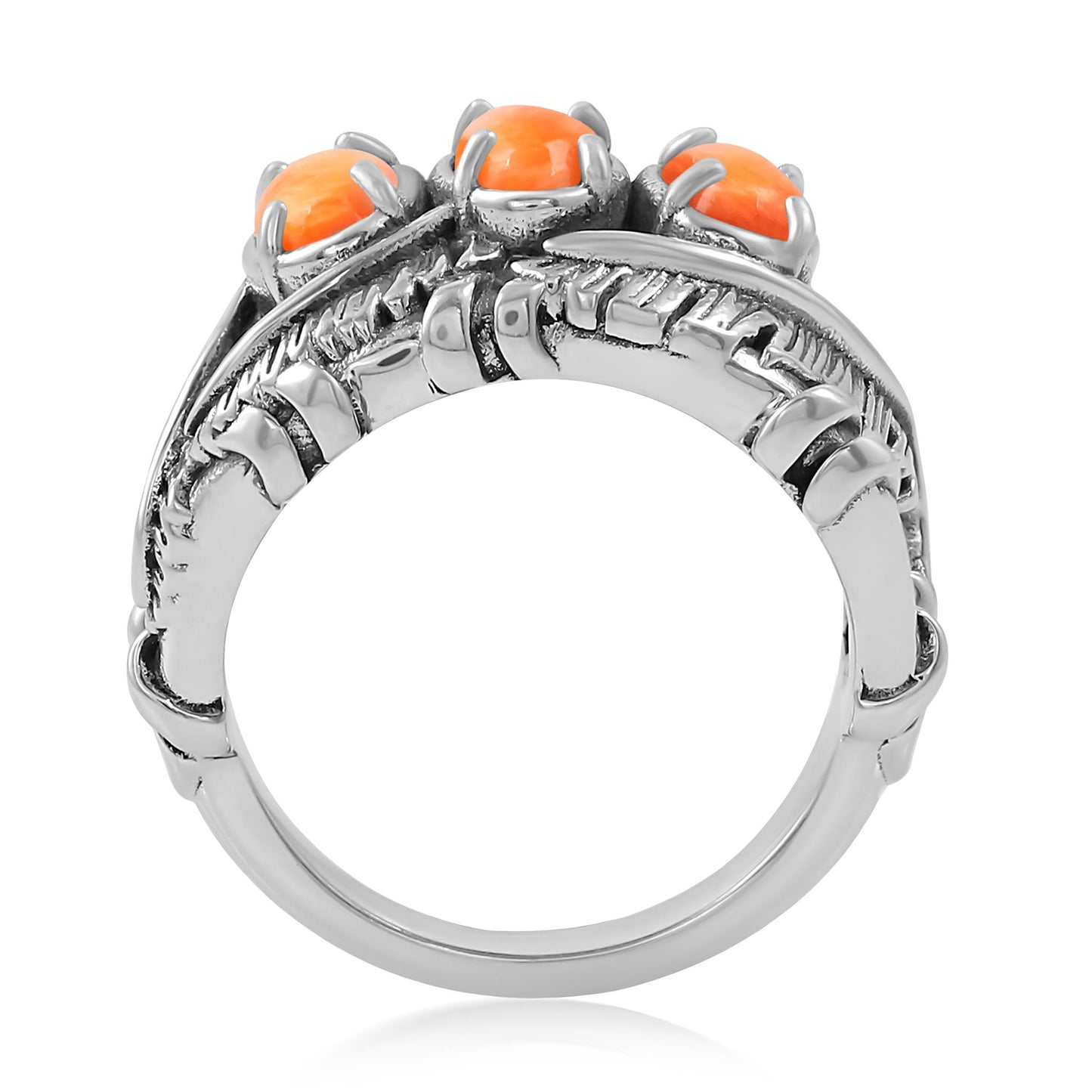 Sterling Silver Orange Spiny Oyster Three Stone Feather Ring