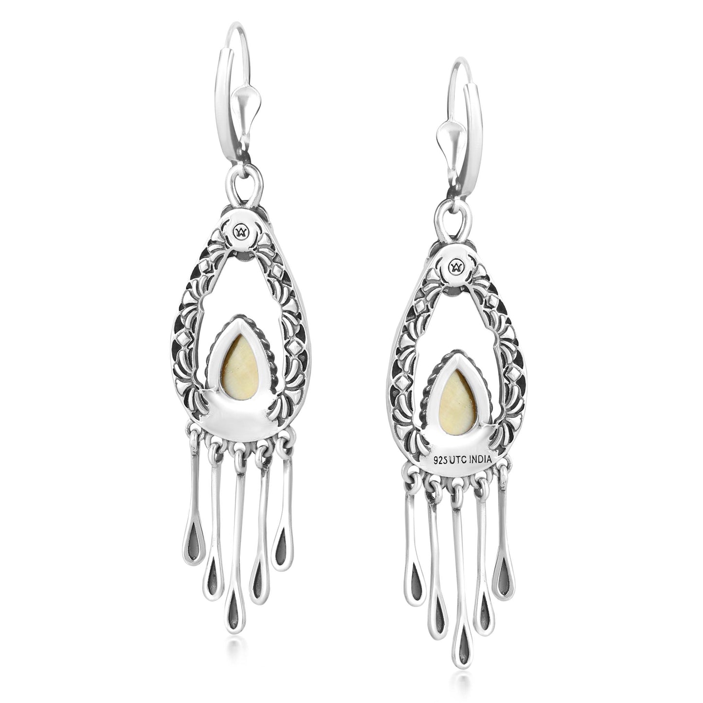 Sterling Silver Yellow Mother of Pearl Pear-Cut Lever Back Dangle Earrings