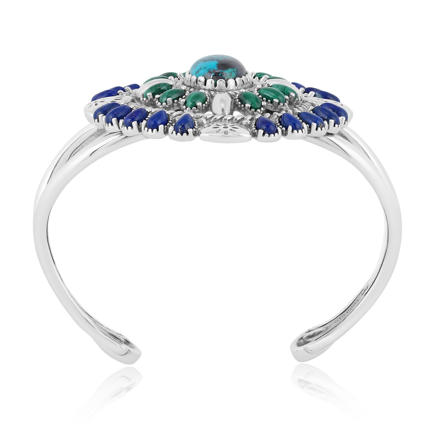 Sterling Silver Chrysocolla Lapis and Malachite Oval Floral Cluster Cuff Bracelet