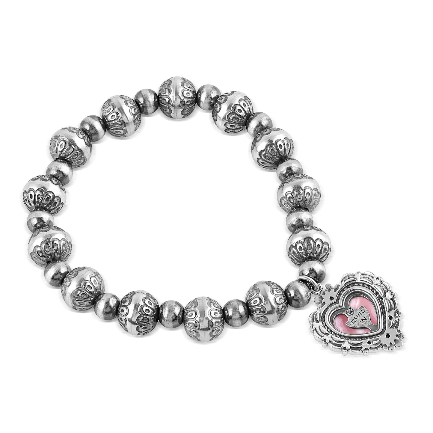 Sterling Silver Rhodochrosite Heart Charm Bead Bracelet
