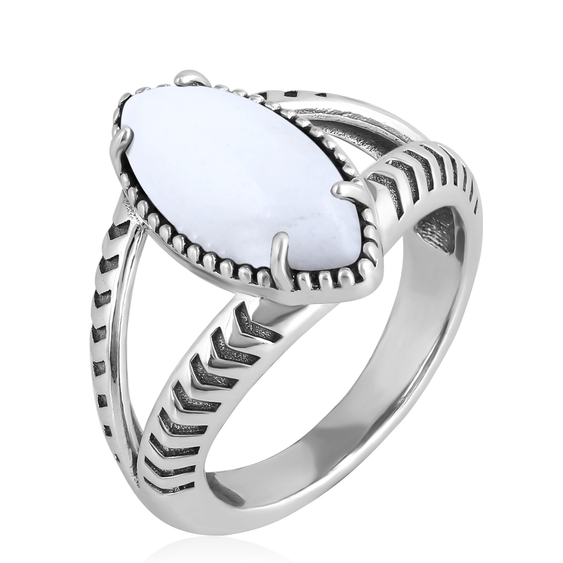 Sterling Silver White Agate Marquise Split Shank Ring