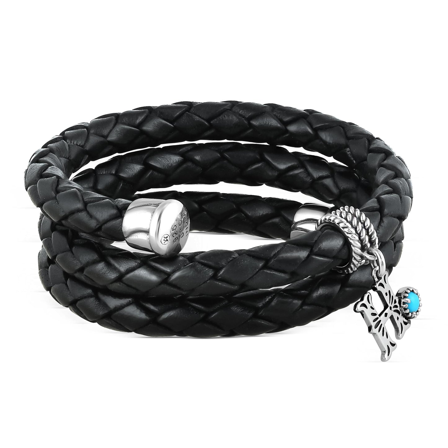 Sterling Silver Sleeping Beauty Turquoise Black Leather Initial "H" Coil Bracelet