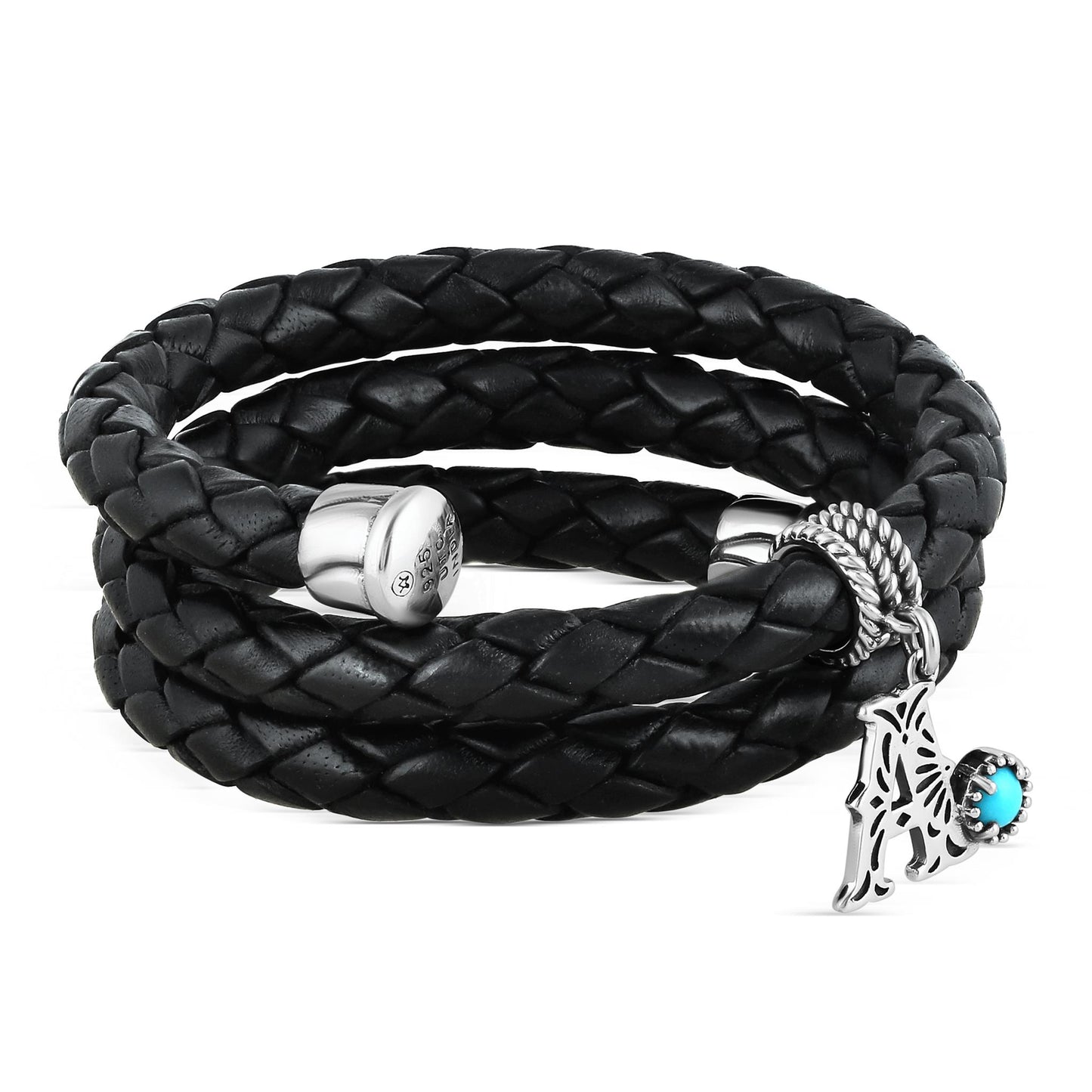 Sterling Silver Sleeping Beauty Turquoise Black Leather Initial "A" Coil Bracelet, 16 Inches