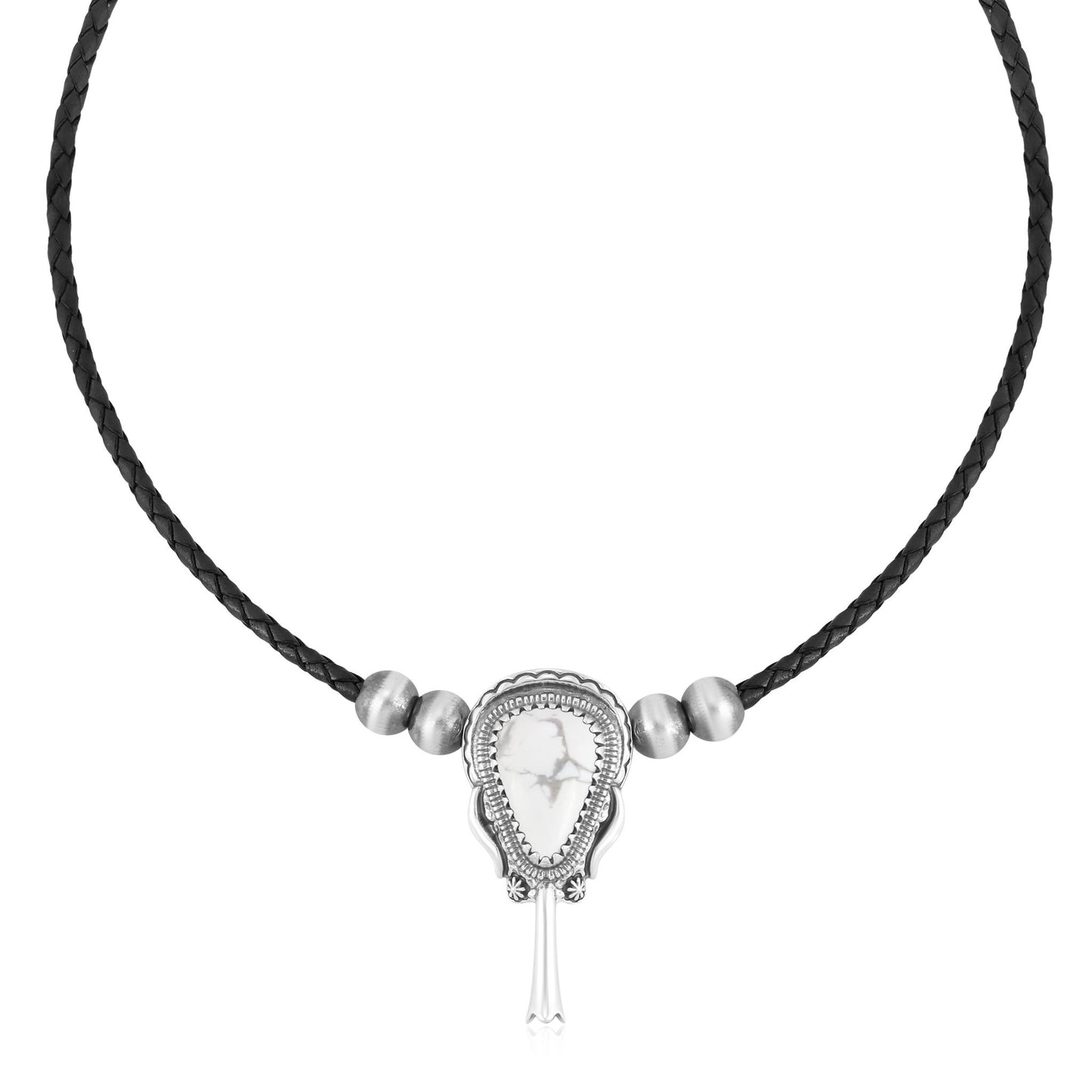Sterling Silver White Howlite Black Leather Squash Blossom Necklace