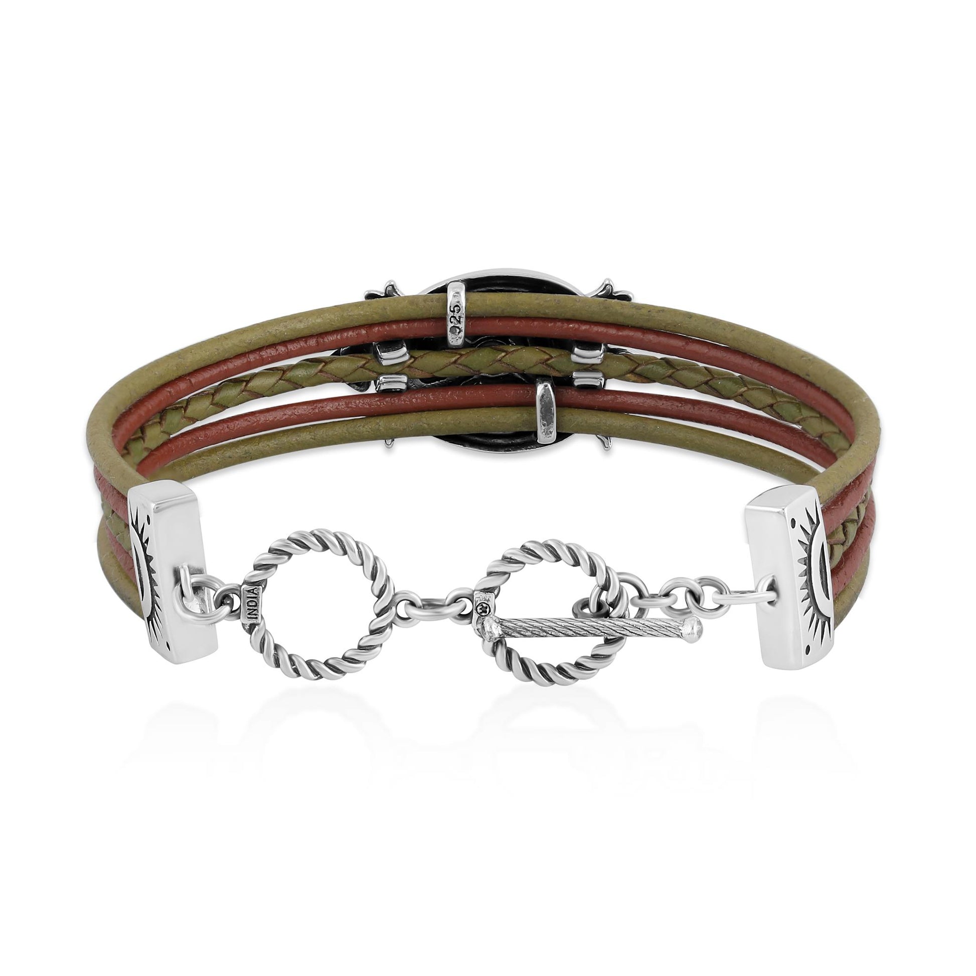 Sterling Silver Turtle Design Multicolored Brown Leather Toggle Bracelet
