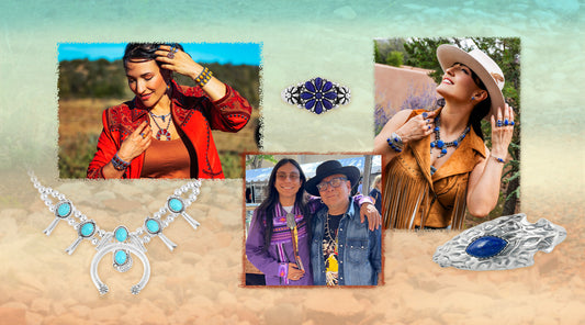 American West Jewelry sterling silver turquoise squash blossom necklace, lapis flower cluster ring, and lapis arrowhead ring shown alongside Southwestern lifestyle looks in a Native American Heritage Month collection feature