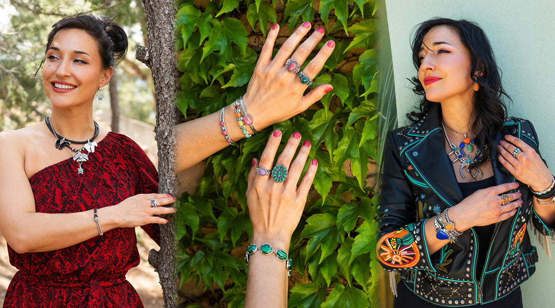 American West Jewelry sterling silver lapis, malachite, and turquoise squash blossom Naja necklace, rings, and bracelets with leather pendant necklace, shown in three Southwestern looks