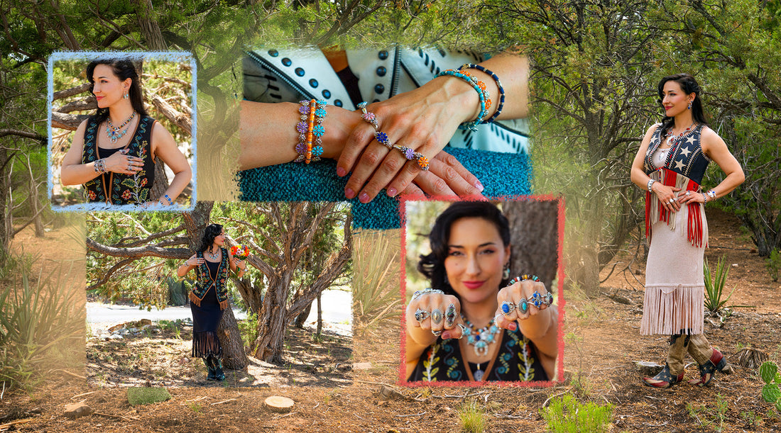 American West Jewelry sterling silver turquoise, lapis, red jasper, and multistone gemstone rings, bracelets, and necklaces showcased in multiple Southwestern looks styled in New Mexico desert landscapes for Fourth of July