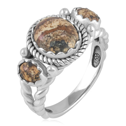 Sterling Silver Picture Jasper 3-Stone Ring, Sizes 5 to 11