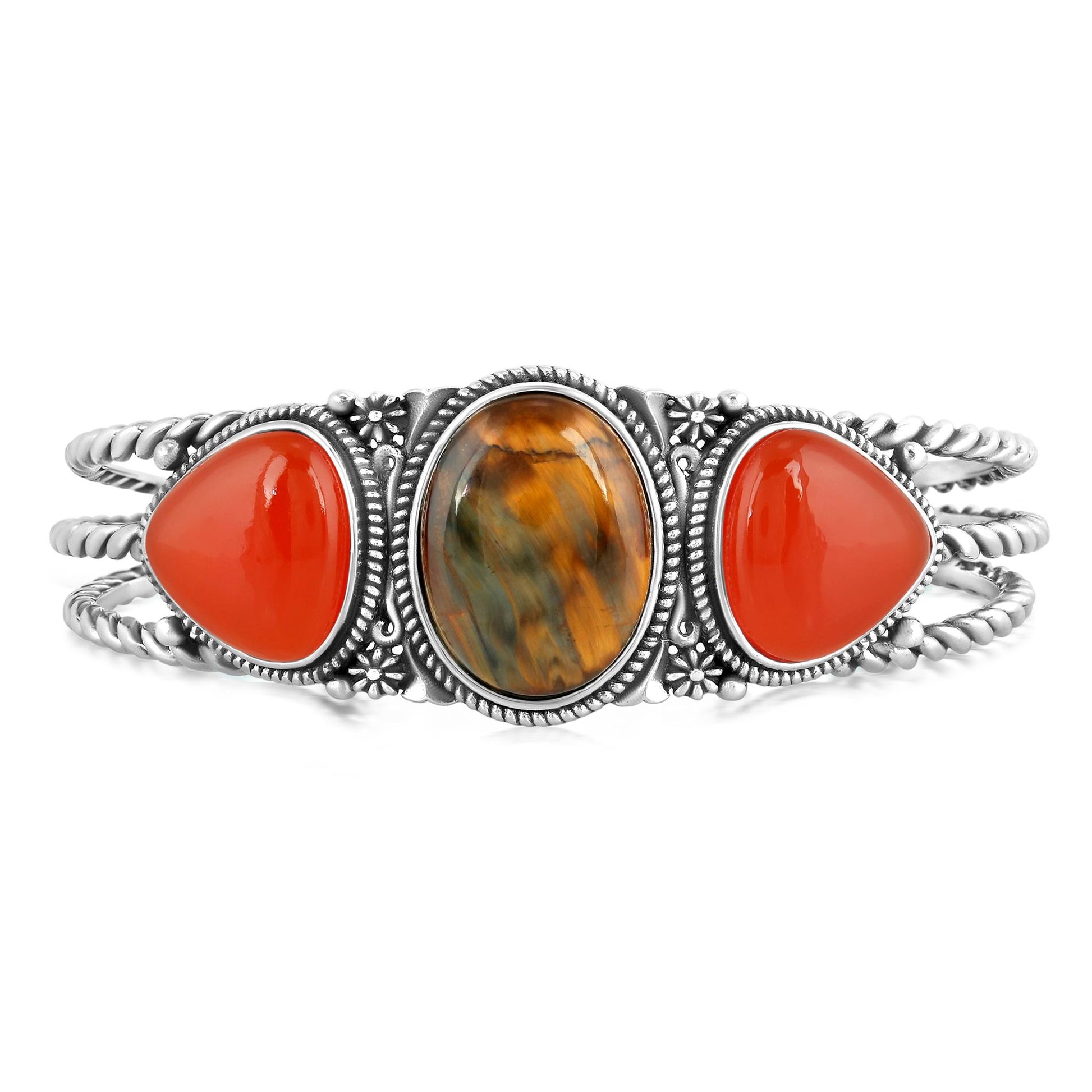 Sterling Silver Trillion Shaped Pietersite and Red Onyx Cuff Bracelet