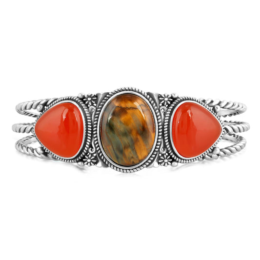 Sterling Silver Trillion Shaped Pietersite and Red Onyx Cuff Bracelet