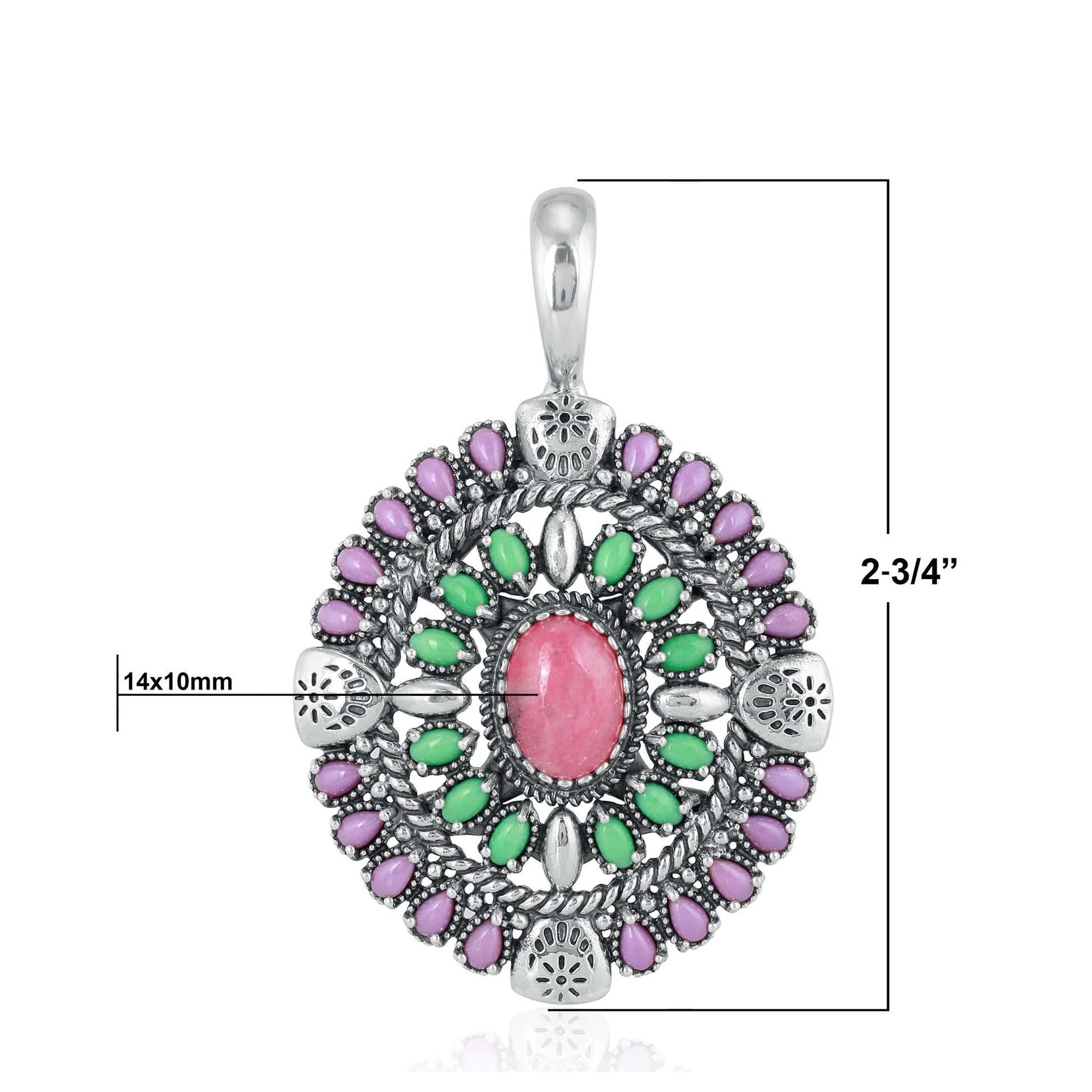 Sterling Silver Rhodonite, Variscite, Phosphosiderite Oval Floral Cluster Pendant Enhancer