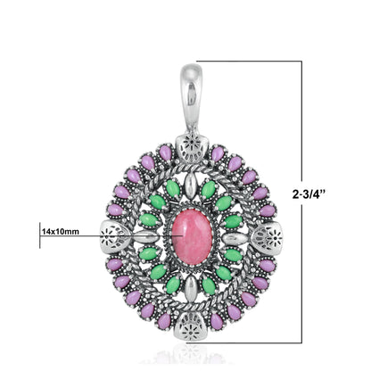 Sterling Silver Rhodonite, Variscite, Phosphosiderite Oval Floral Cluster Pendant Enhancer