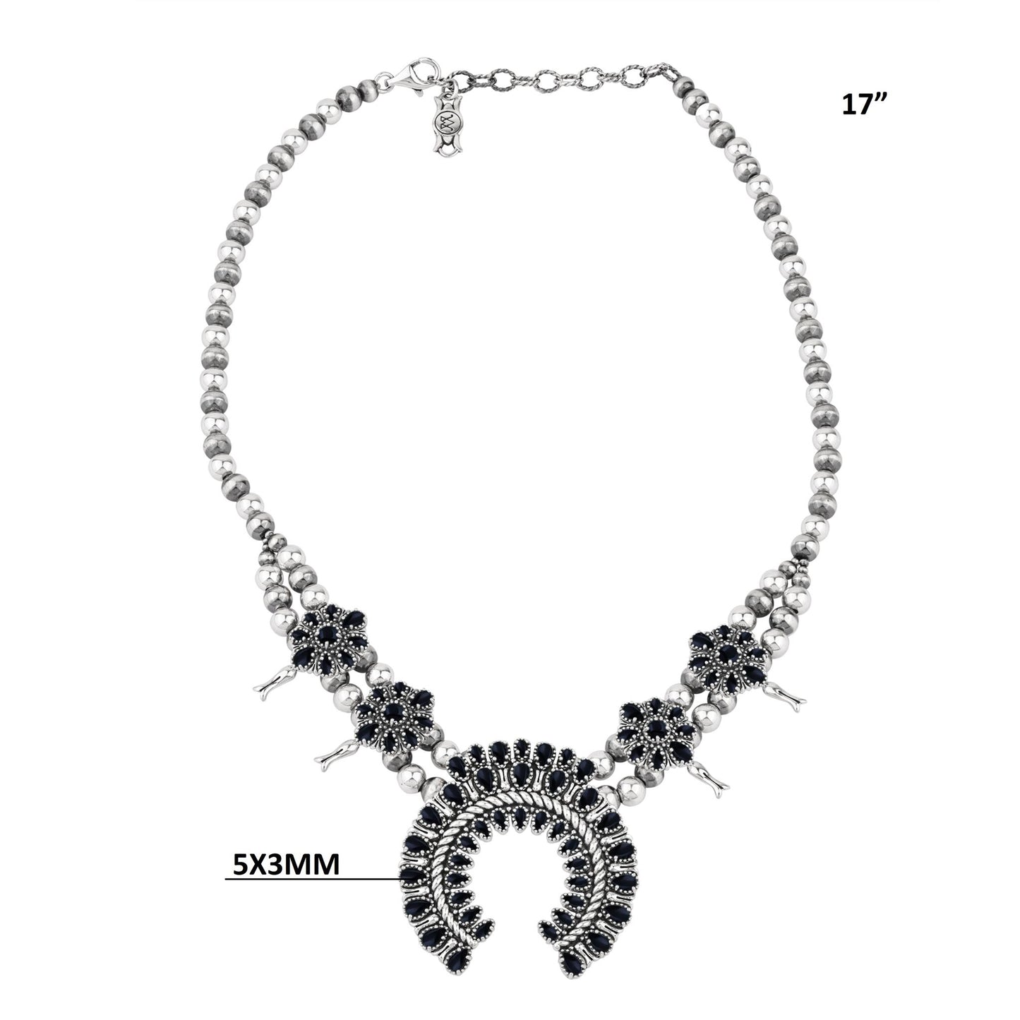  Sterling Silver Black Onyx Petit Point Naja Squash Blossom Necklace